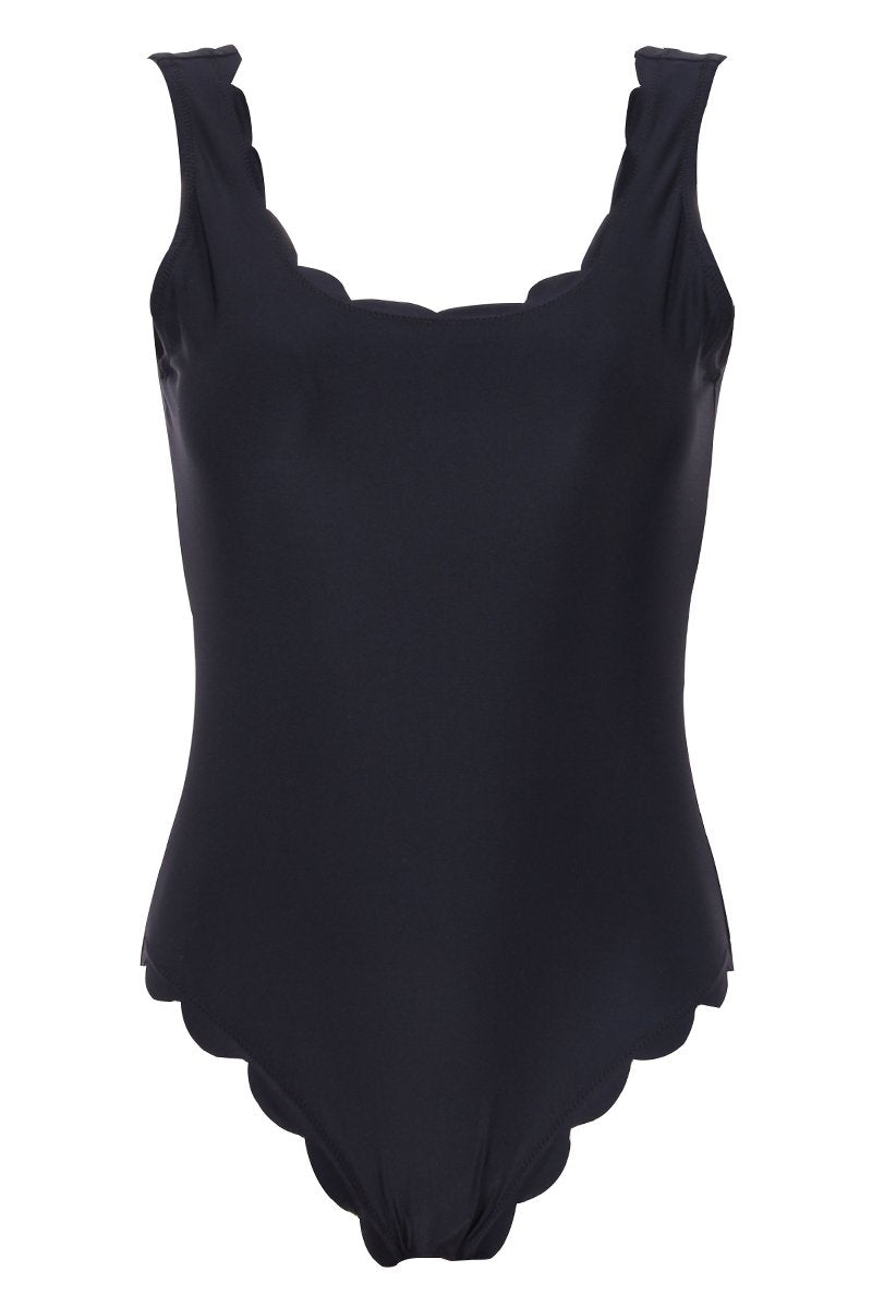 Black Scalloped Low Back Scoop Neck Cute One Piece Swimsuit