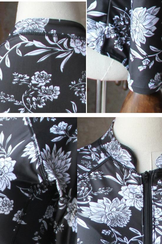 Black Surf Floral Long Sleeve Rash Guard One Piece Swimsuit