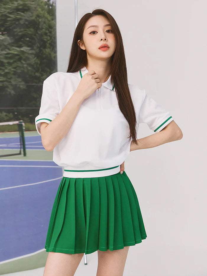 Contrast threaded short sleeve pleated skirt casual sports tennis golf set