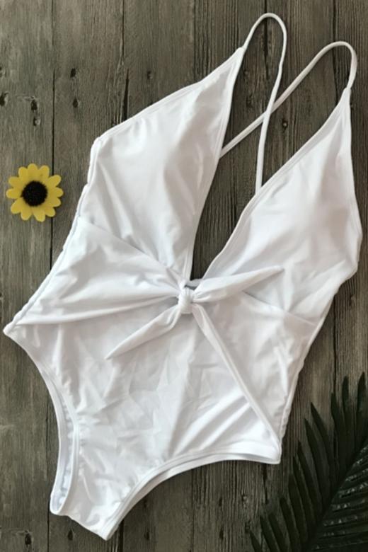 White Triangle Plunging Knotted Front Tied Backless High Cut One Piece Swimsuit