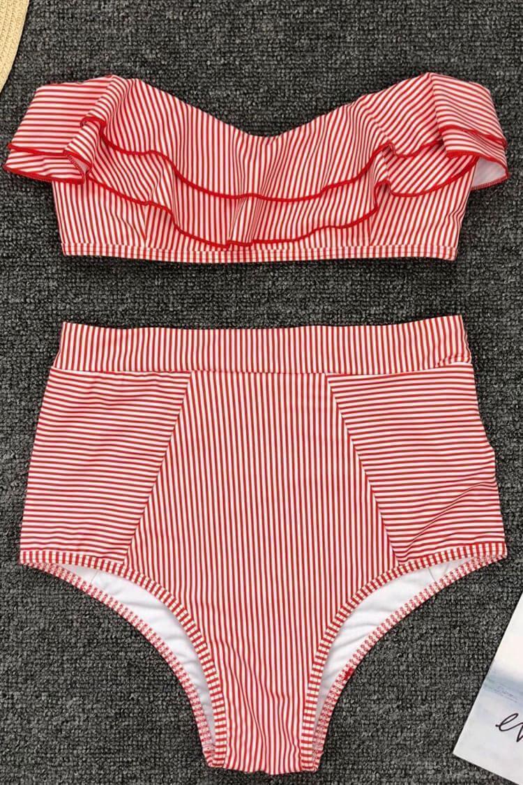 High Waisted Striped Ruffle Bandeau Bikini - Two Piece Swimsuit