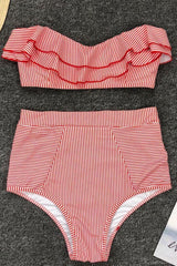 High Waisted Striped Ruffle Bandeau Bikini - Two Piece Swimsuit