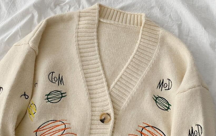 Casual Style Loose V-Neck Print Embroidered Sweater