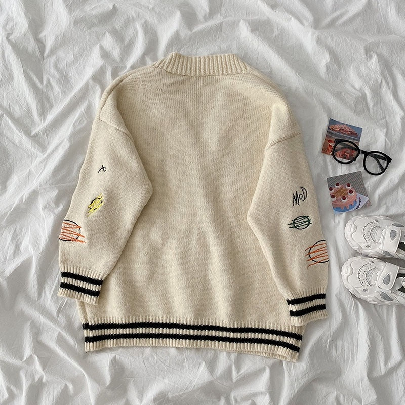 Casual Style Loose V-Neck Print Embroidered Sweater