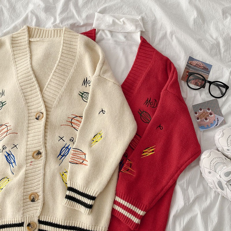 Casual Style Loose V-Neck Print Embroidered Sweater