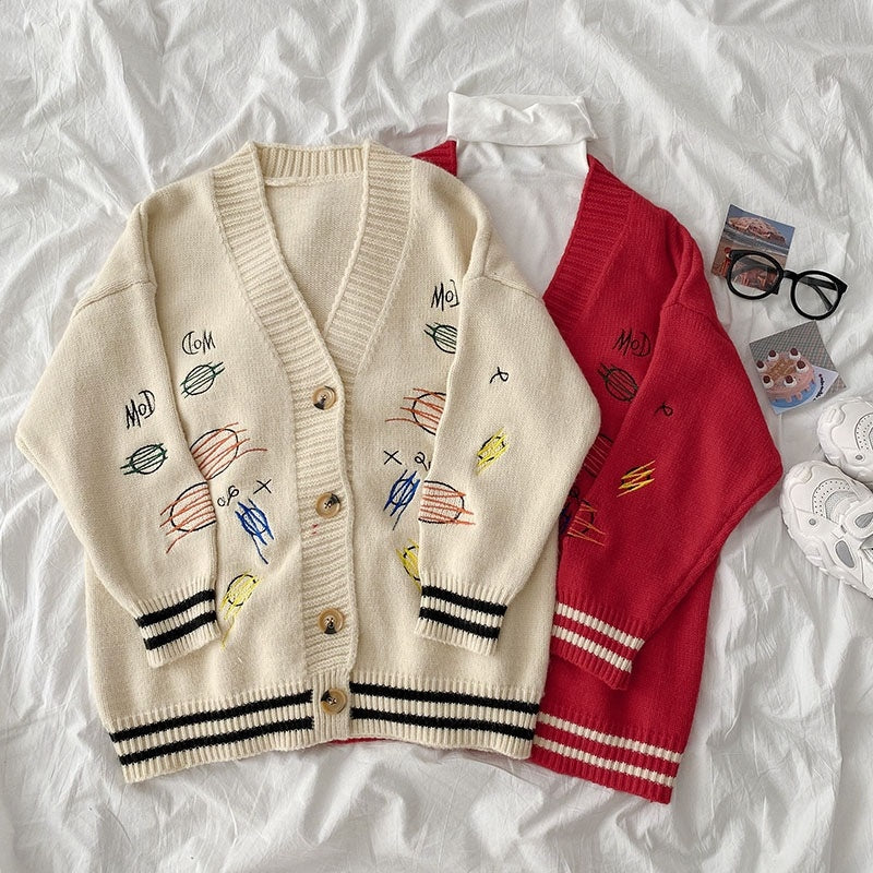 Casual Style Loose V-Neck Print Embroidered Sweater