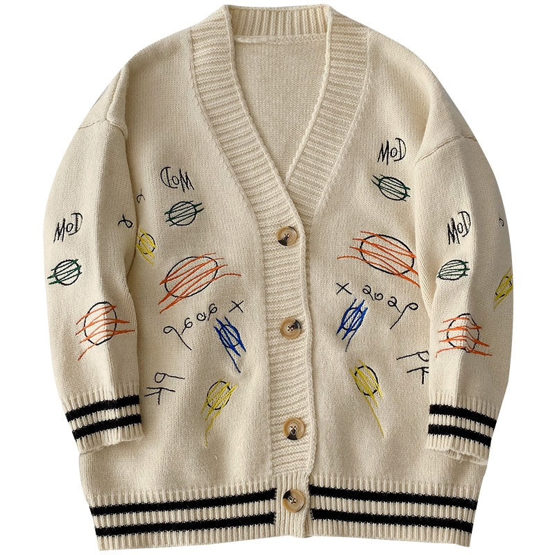 Casual Style Loose V-Neck Print Embroidered Sweater
