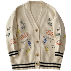 Casual Style Loose V-Neck Print Embroidered Sweater