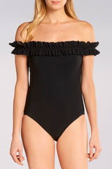 Black Ruffle Edge Off Shoulder One Piece Swimsuit
