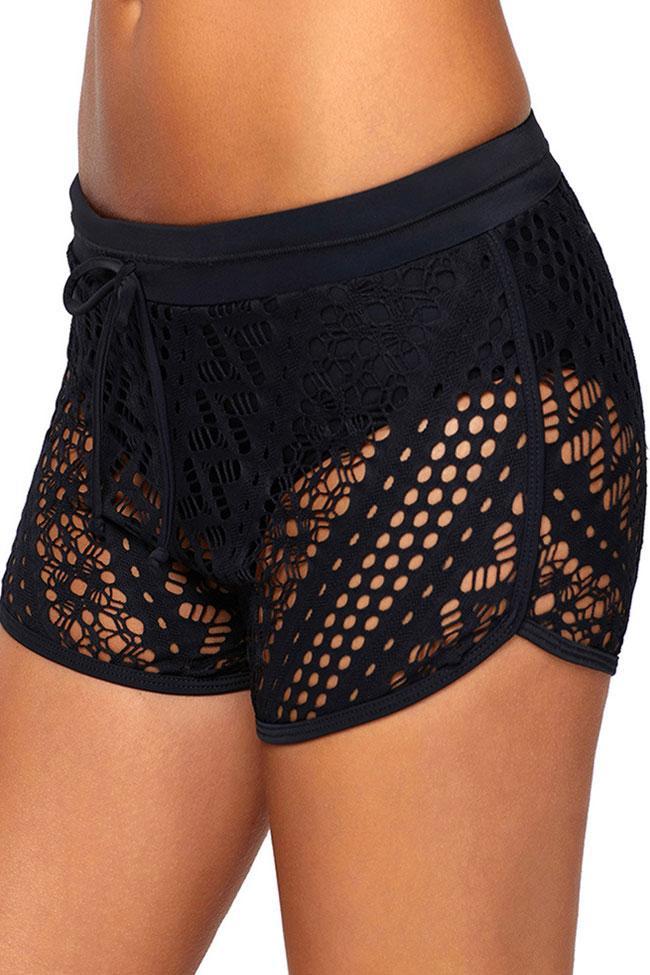 Tied Front Hollow Out Lace Overlay Boyshort Bikini Bottom