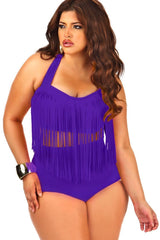 Plus Size Timeless Fringed Halter Bandeau Bikini - Two Piece Swimsuit