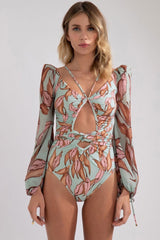 Puff Sleeve Tropical Print Cutout V Neck One Piece Swimsuit