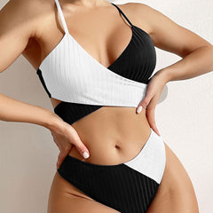 Charming Ribbed Color Block Scrunch Back Wrap Brazilian Two Piece Bikini