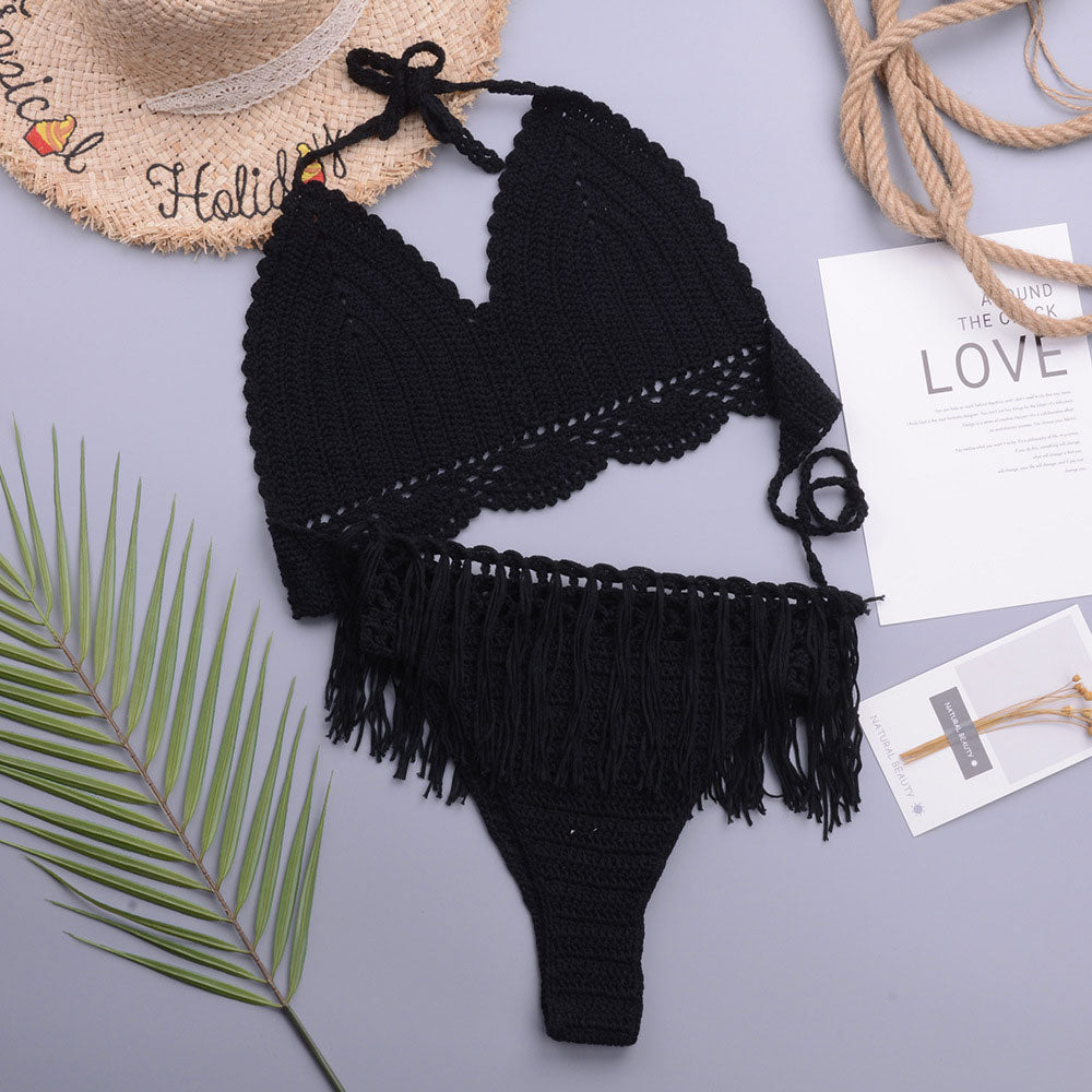 Chic Crochet Knit Tassel Trim Halter Triangle Brazilian Two Piece Bikini