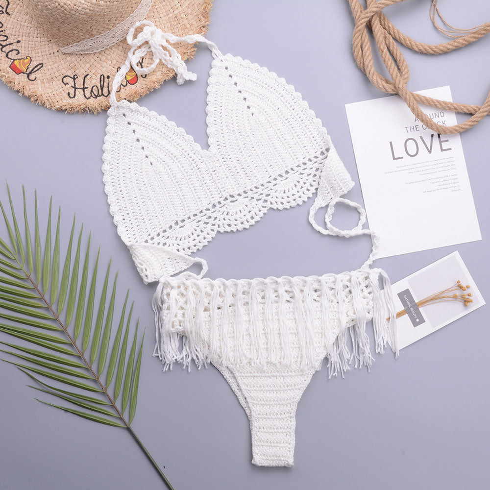 Chic Crochet Knit Tassel Trim Halter Triangle Brazilian Two Piece Bikini