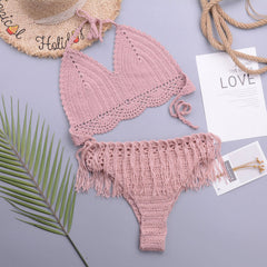 Chic Crochet Knit Tassel Trim Halter Triangle Brazilian Two Piece Bikini