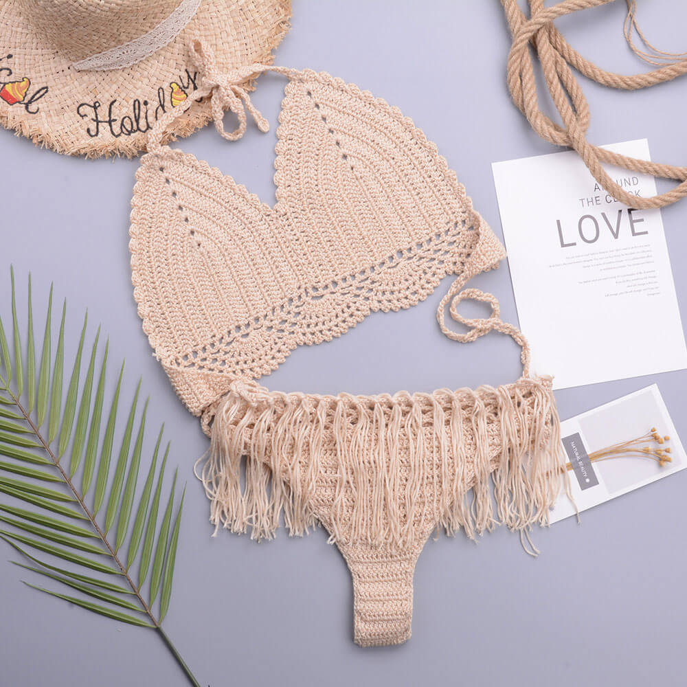 Chic Crochet Knit Tassel Trim Halter Triangle Brazilian Two Piece Bikini