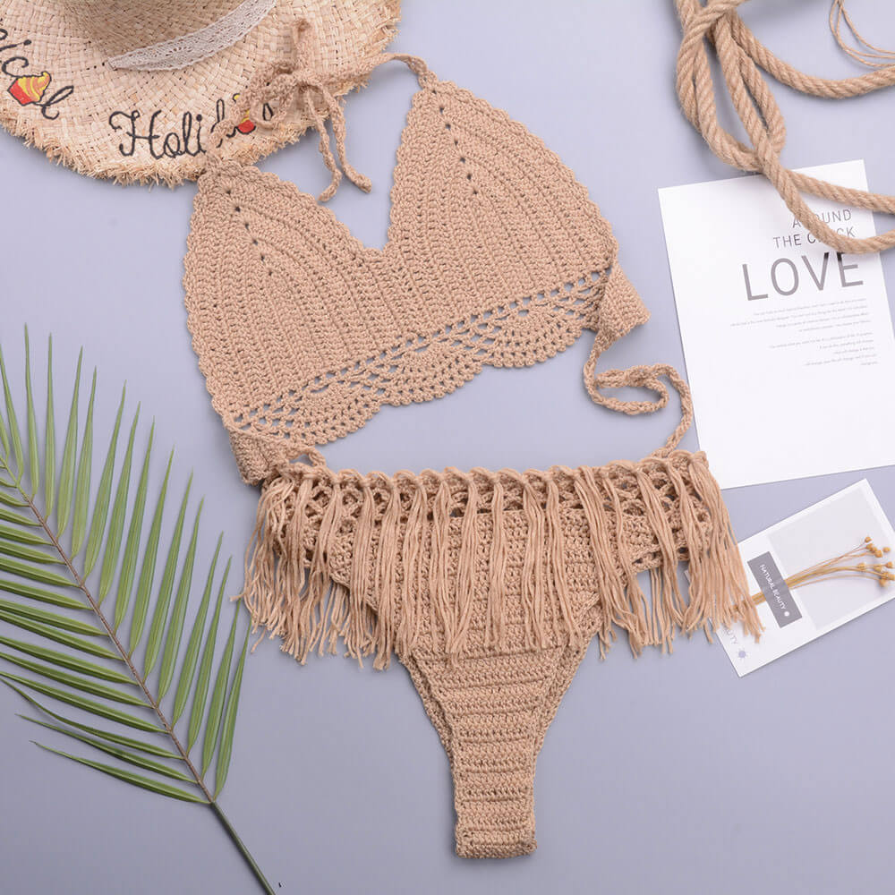 Chic Crochet Knit Tassel Trim Halter Triangle Brazilian Two Piece Bikini