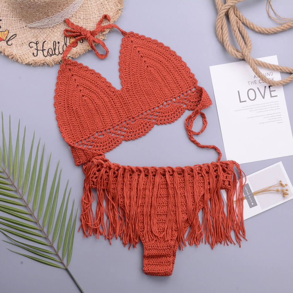 Chic Crochet Knit Tassel Trim Halter Triangle Brazilian Two Piece Bikini