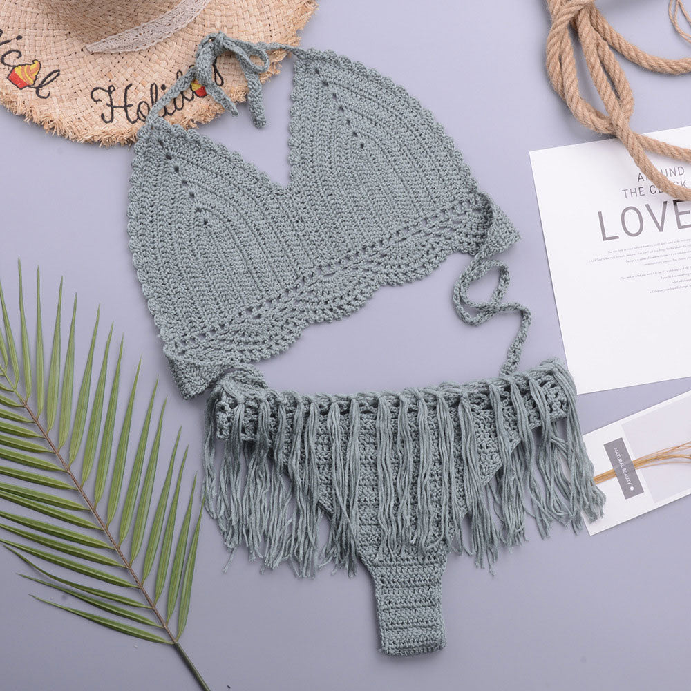 Chic Crochet Knit Tassel Trim Halter Triangle Brazilian Two Piece Bikini