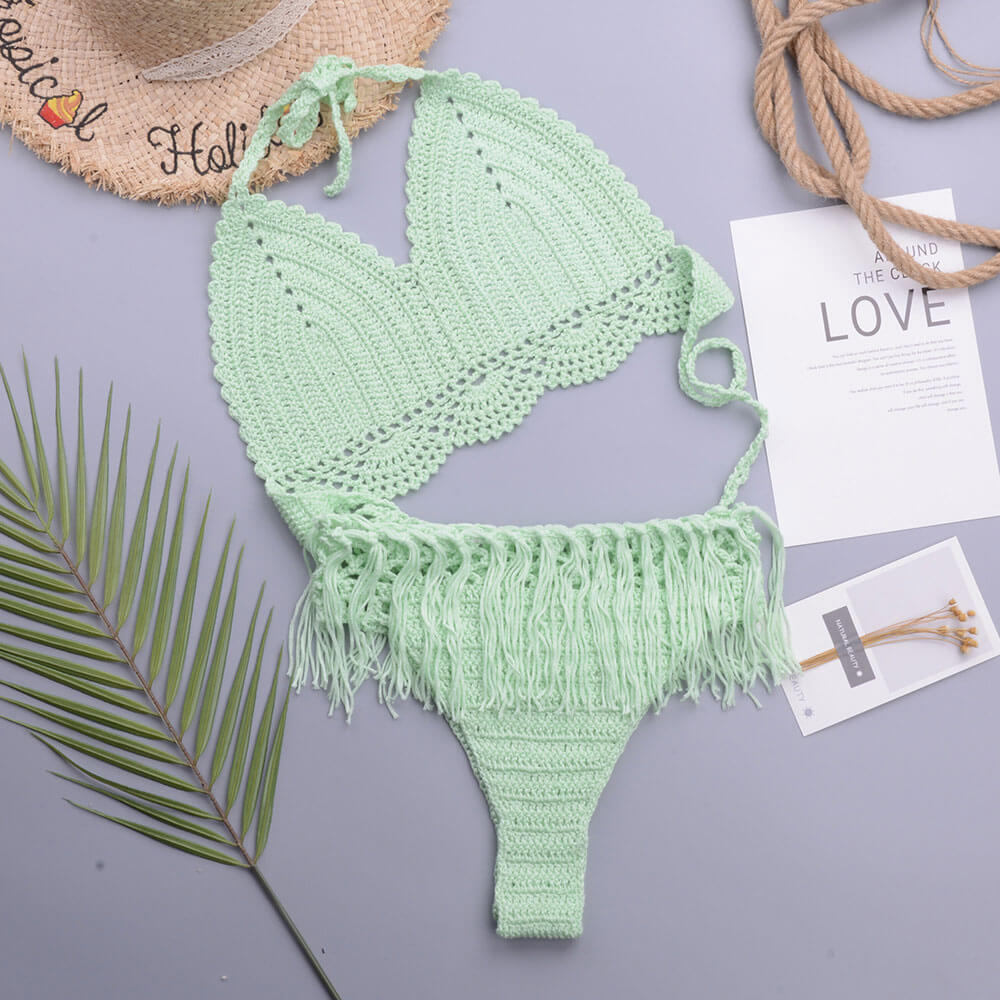 Chic Crochet Knit Tassel Trim Halter Triangle Brazilian Two Piece Bikini