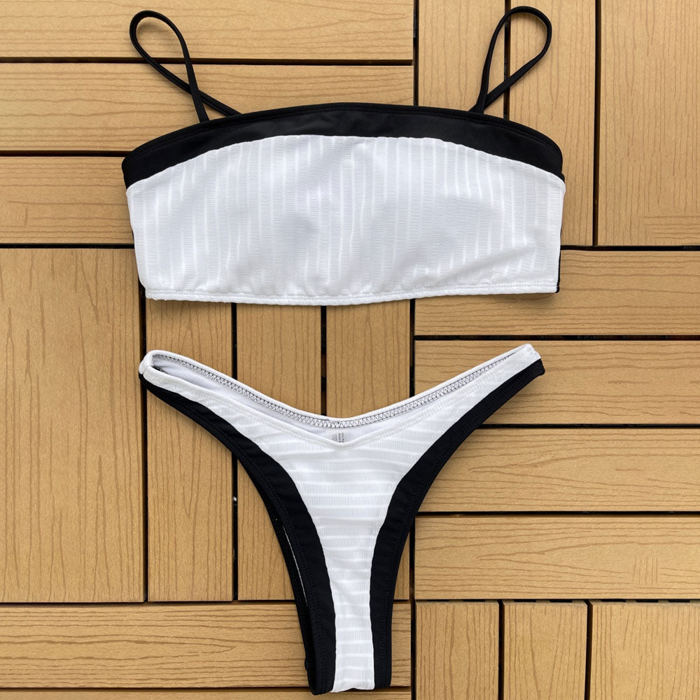 Chic High Leg Cheeky Rib Knit Bandeau Brazilian Two Piece Bikini