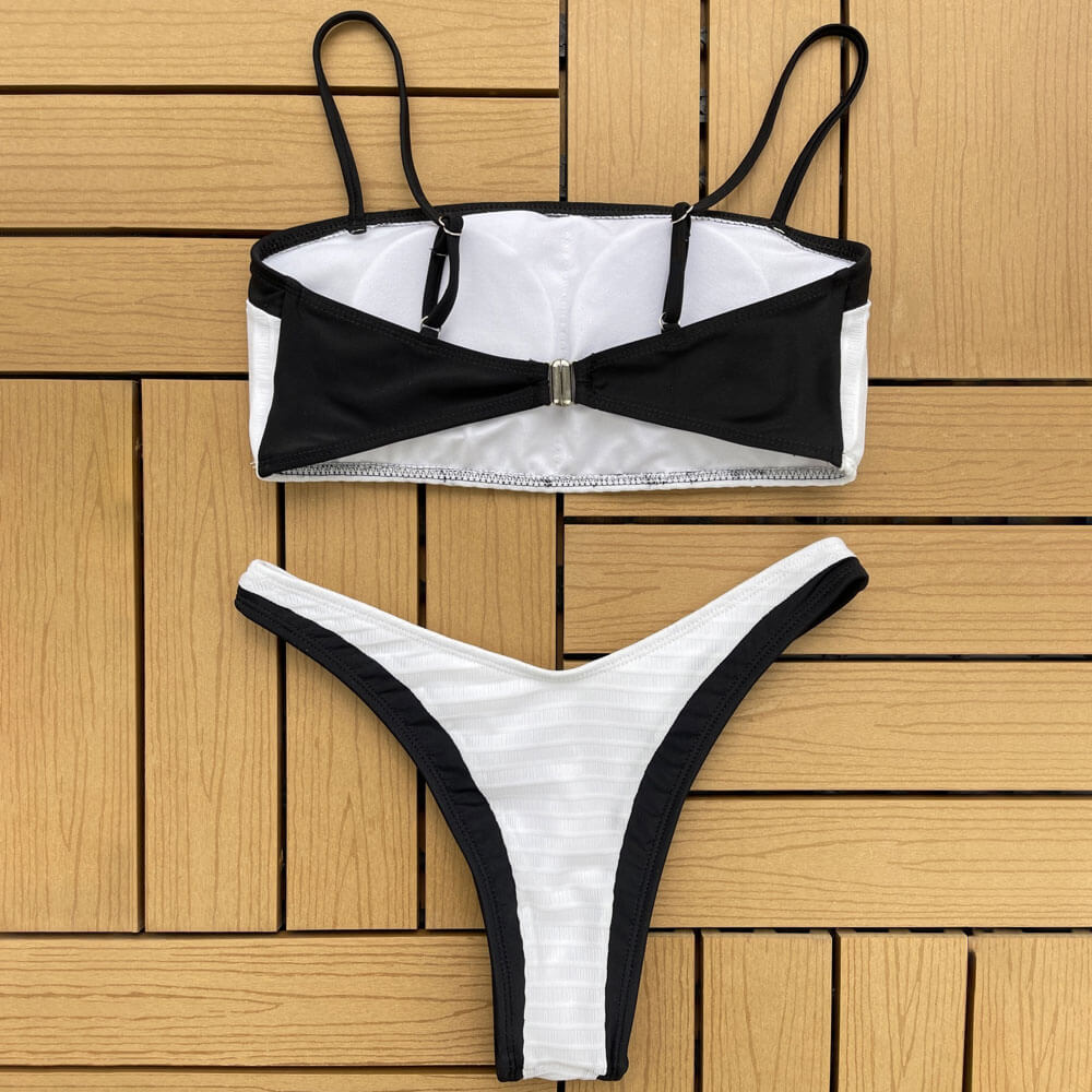 Chic High Leg Cheeky Rib Knit Bandeau Brazilian Two Piece Bikini