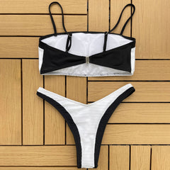 Chic High Leg Cheeky Rib Knit Bandeau Brazilian Two Piece Bikini