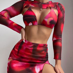Chic High Leg Cheeky Tie Dye Triangle Halter Brazilian Four Piece Bikini