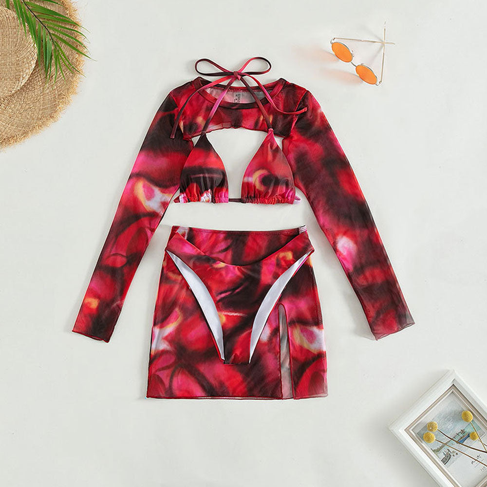 Chic High Leg Cheeky Tie Dye Triangle Halter Brazilian Four Piece Bikini