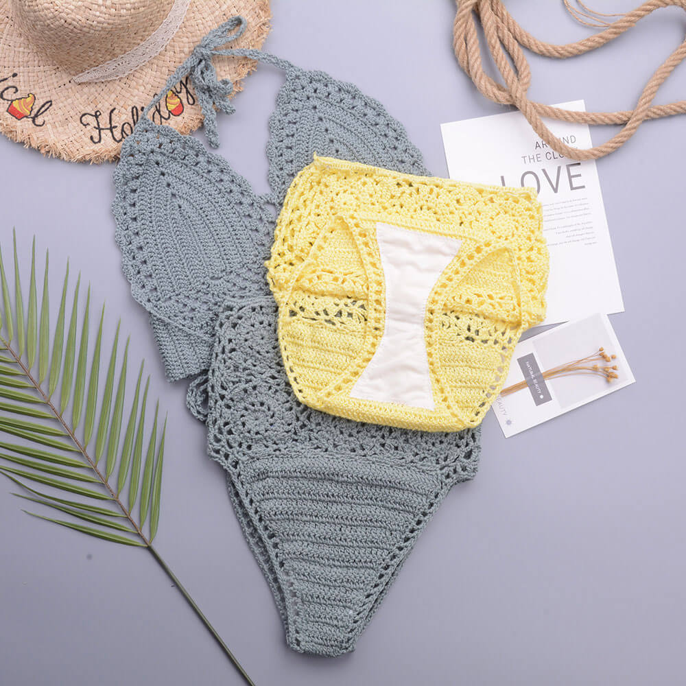 Chic High Waist Crochet Knit Halter Triangle Brazilian Two Piece Bikini
