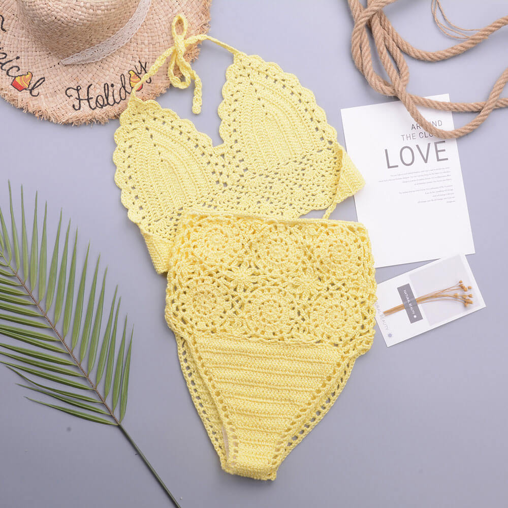 Chic High Waist Crochet Knit Halter Triangle Brazilian Two Piece Bikini