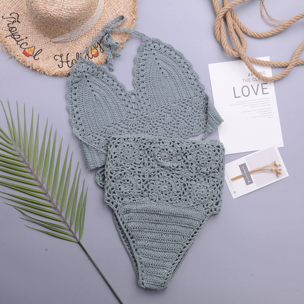Chic High Waist Crochet Knit Halter Triangle Brazilian Two Piece Bikini