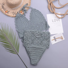 Chic High Waist Crochet Knit Halter Triangle Brazilian Two Piece Bikini