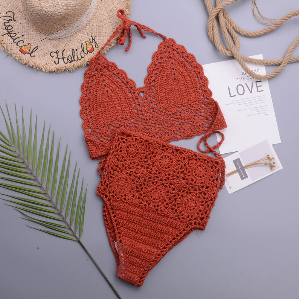 Chic High Waist Crochet Knit Halter Triangle Brazilian Two Piece Bikini