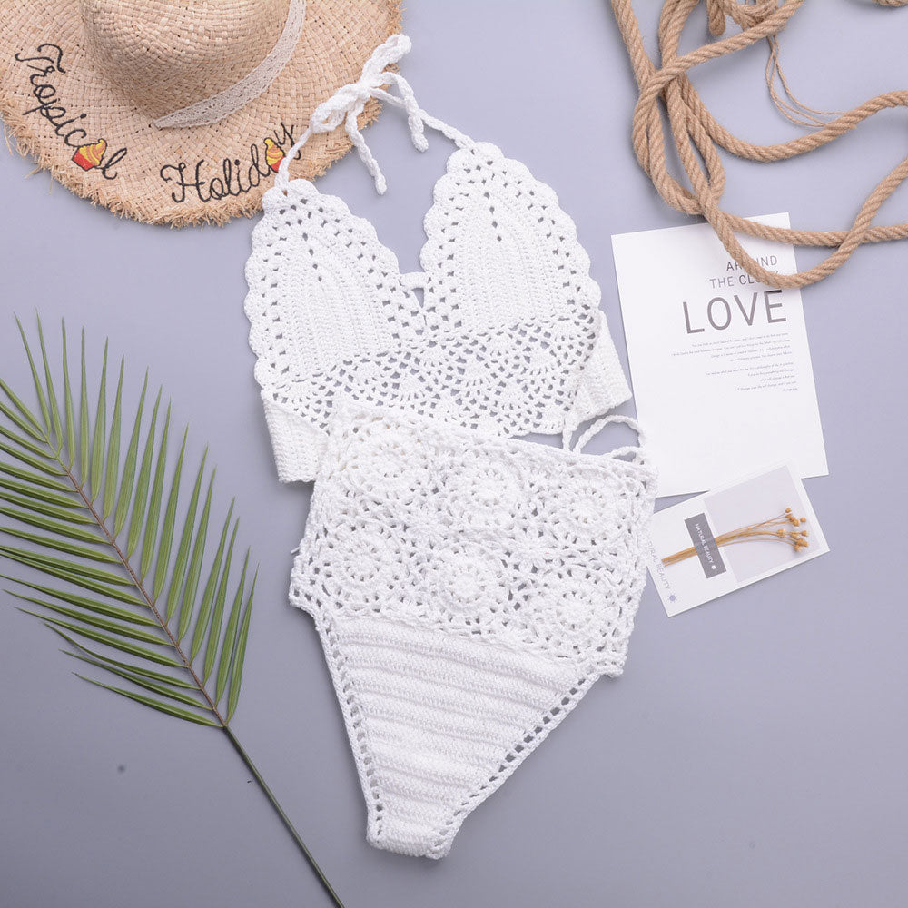Chic High Waist Crochet Knit Halter Triangle Brazilian Two Piece Bikini
