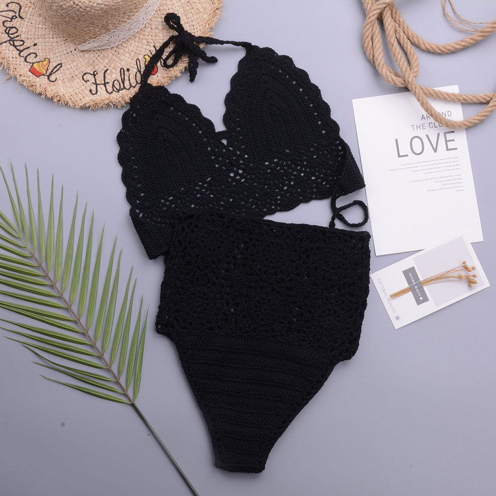 Chic High Waist Crochet Knit Halter Triangle Brazilian Two Piece Bikini