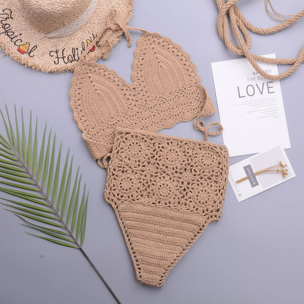 Chic High Waist Crochet Knit Halter Triangle Brazilian Two Piece Bikini