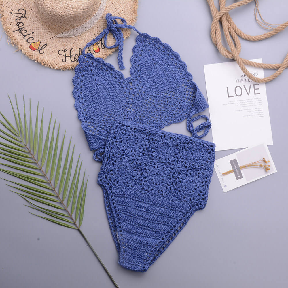 Chic High Waist Crochet Knit Halter Triangle Brazilian Two Piece Bikini