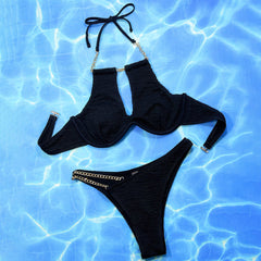 Chic Metallic Chain Cutout Underwire Shirred Brazilian Two Piece Bikini