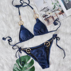 Chic O Ring Textured Tie String Slide Triangle Brazilian Two Piece Bikini