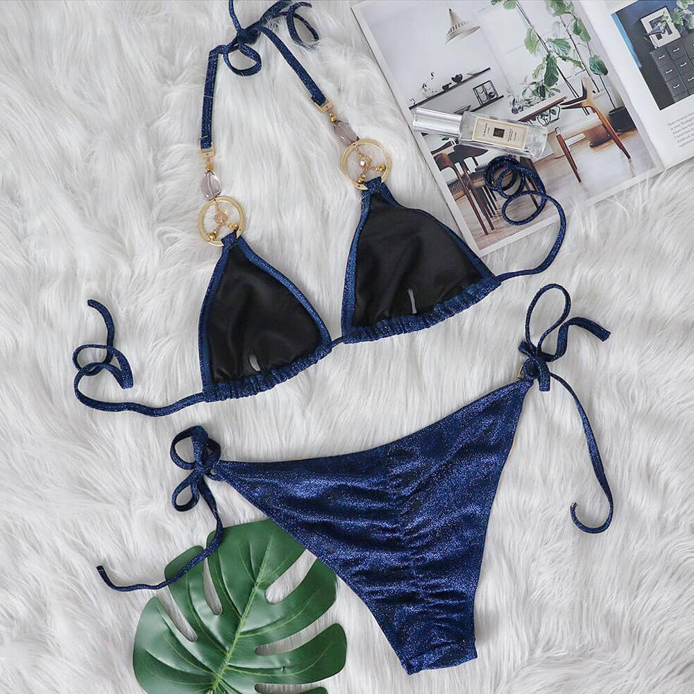 Chic O Ring Textured Tie String Slide Triangle Brazilian Two Piece Bikini