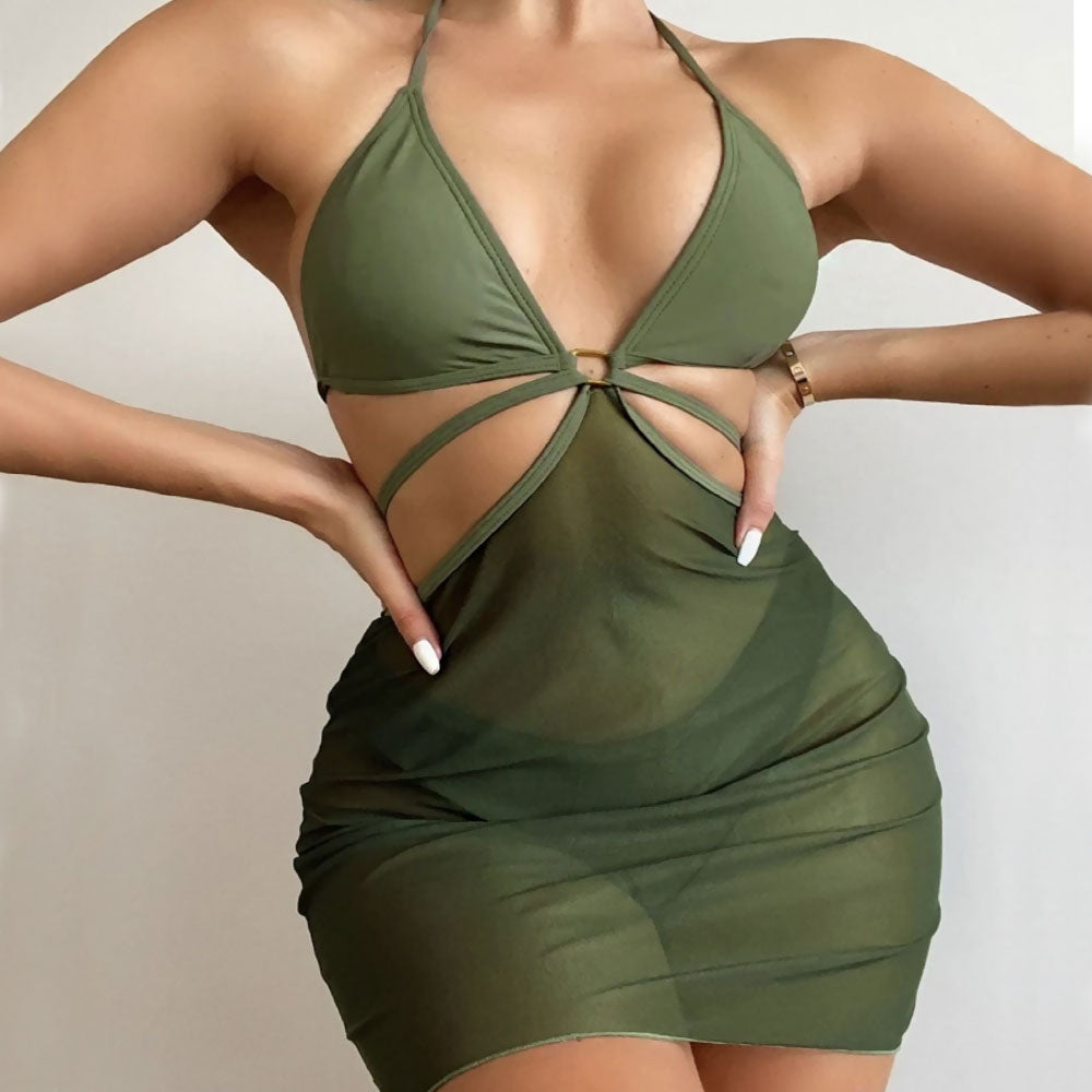 Chic Sarong High Cut Halter Triangle Brazilian Three Piece Bikini