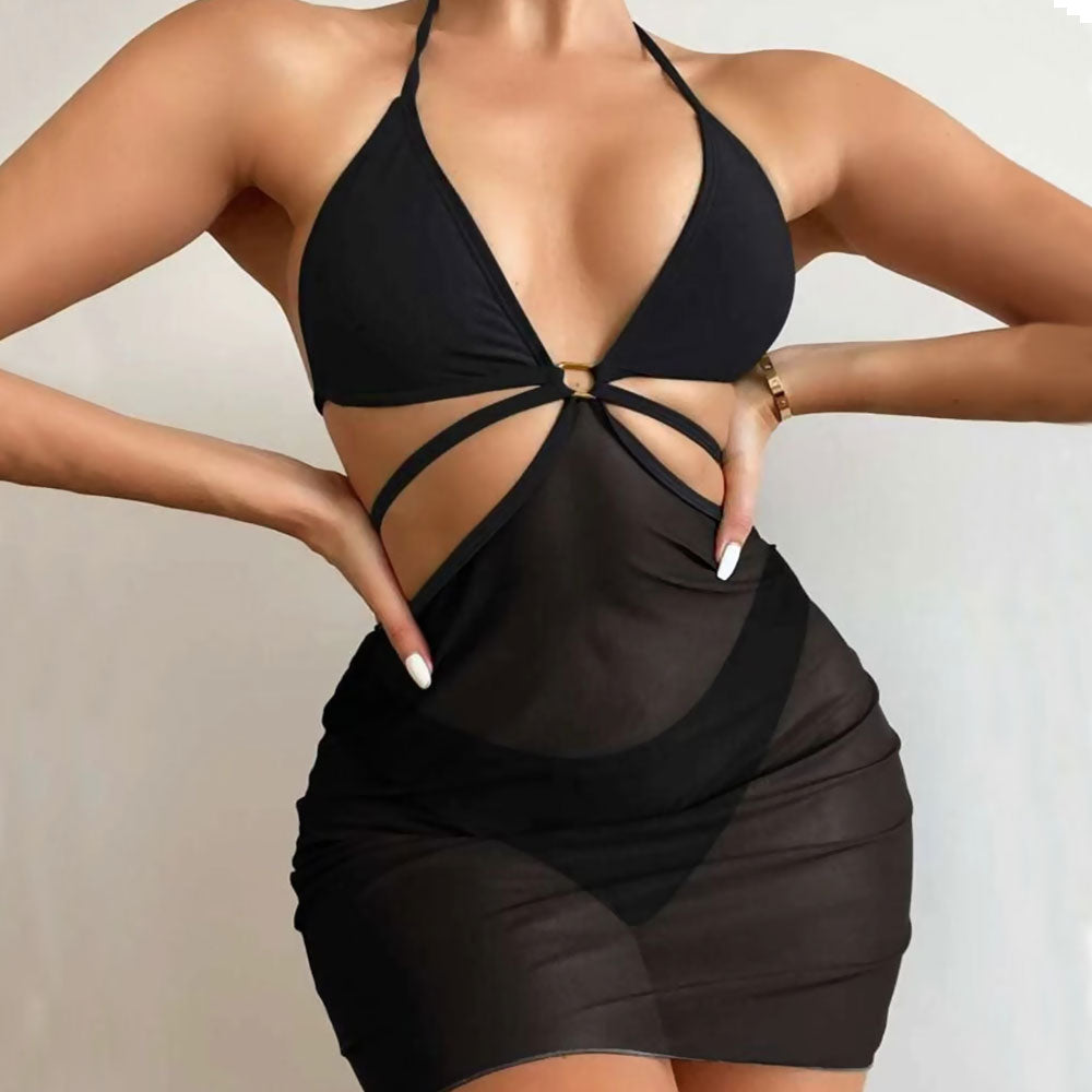 Chic Sarong High Cut Halter Triangle Brazilian Three Piece Bikini