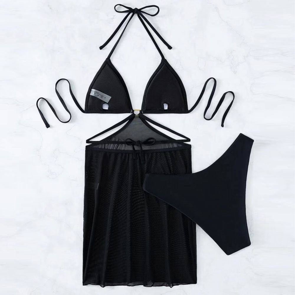 Chic Sarong High Cut Halter Triangle Brazilian Three Piece Bikini