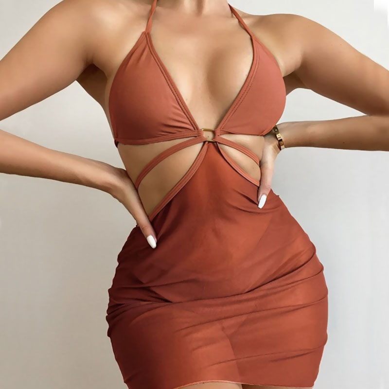 Chic Sarong High Cut Halter Triangle Brazilian Three Piece Bikini