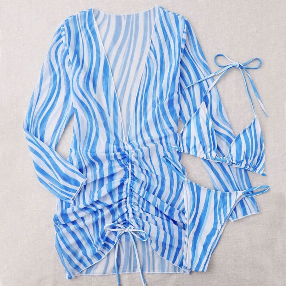 Chic Striped String Slide Triangle Brazilian Three Piece Bikini