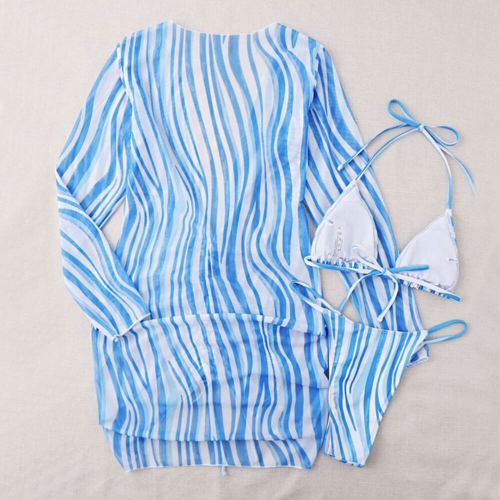 Chic Striped String Slide Triangle Brazilian Three Piece Bikini