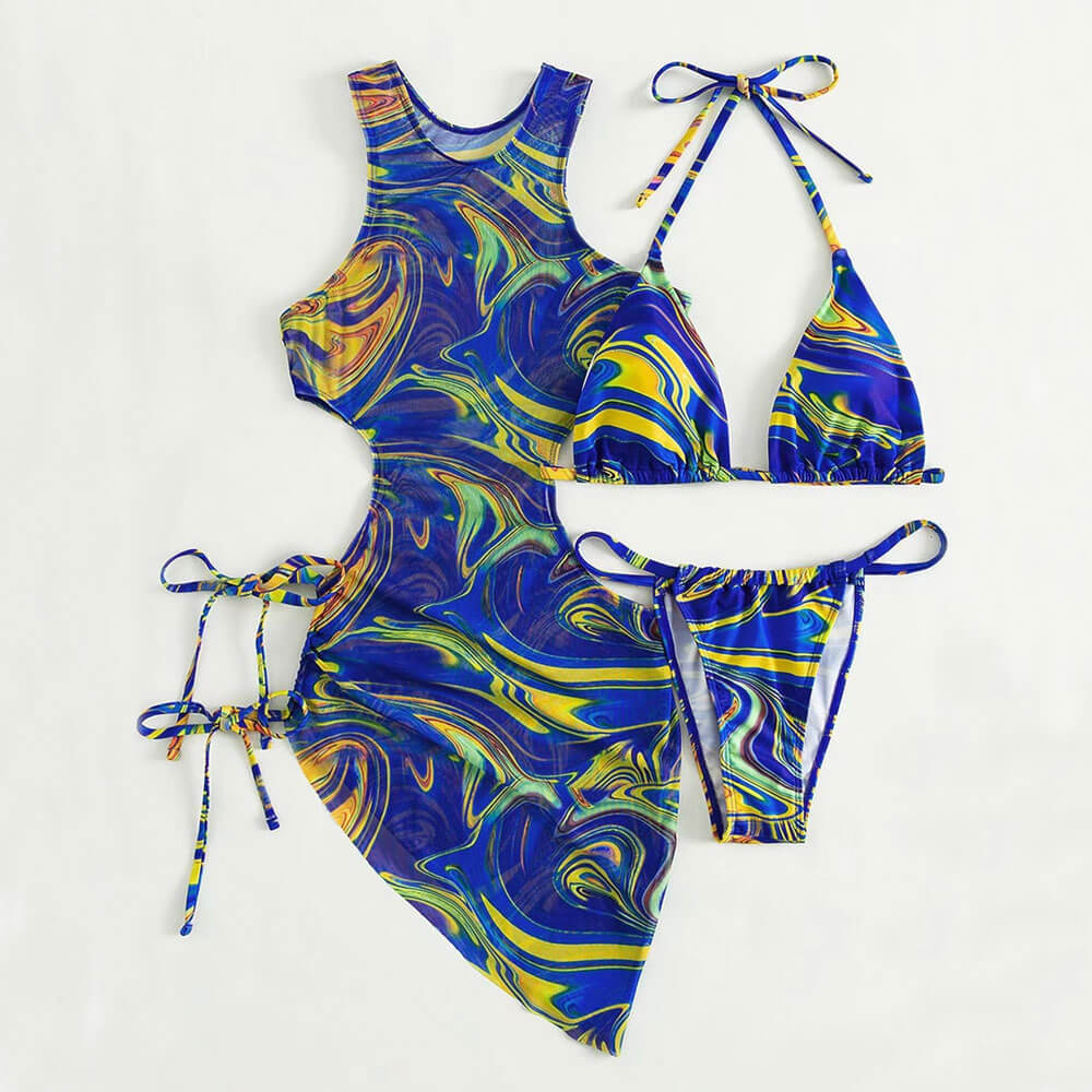 Chic Swirl Print Slide Triangle Brazilian Three Piece Bikini
