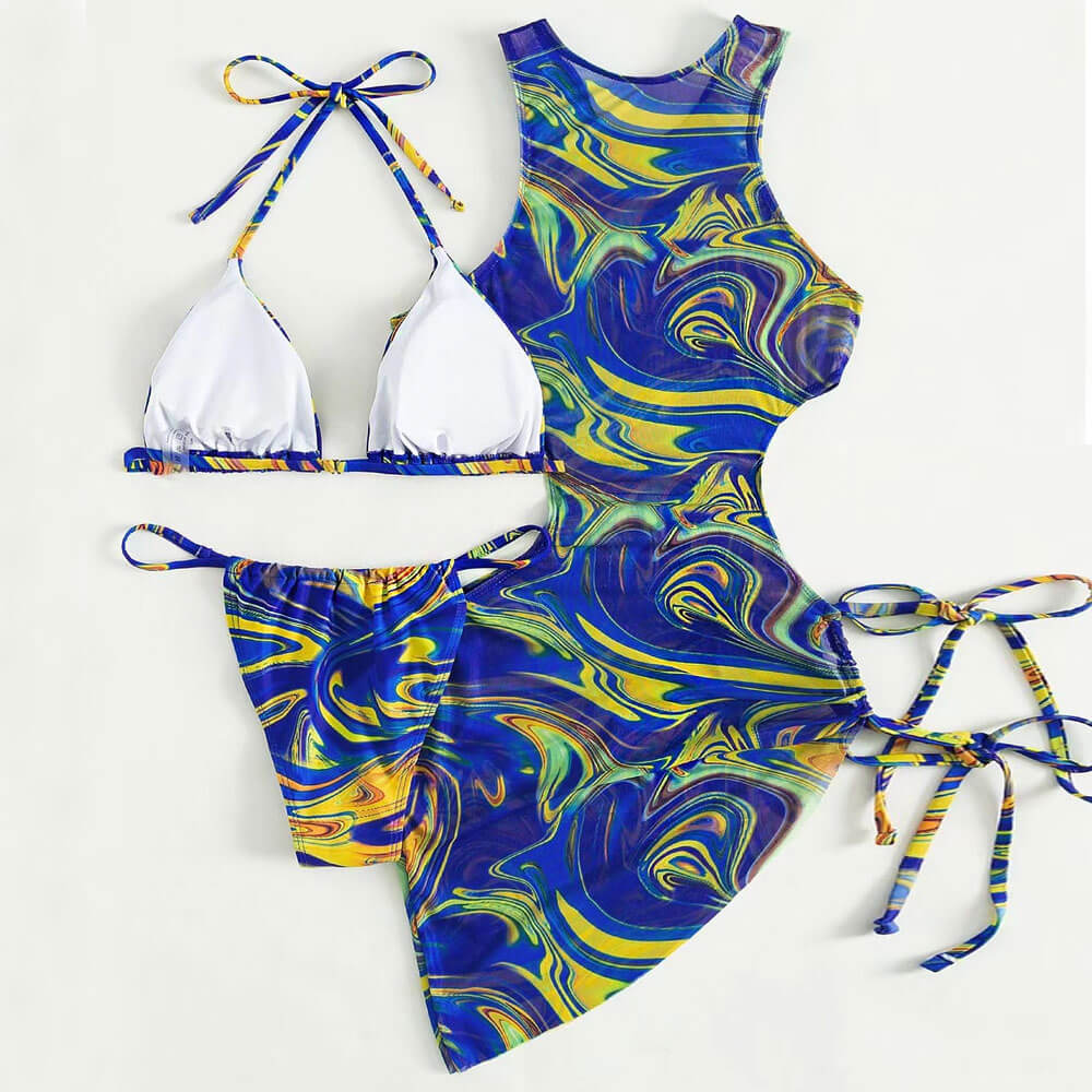 Chic Swirl Print Slide Triangle Brazilian Three Piece Bikini